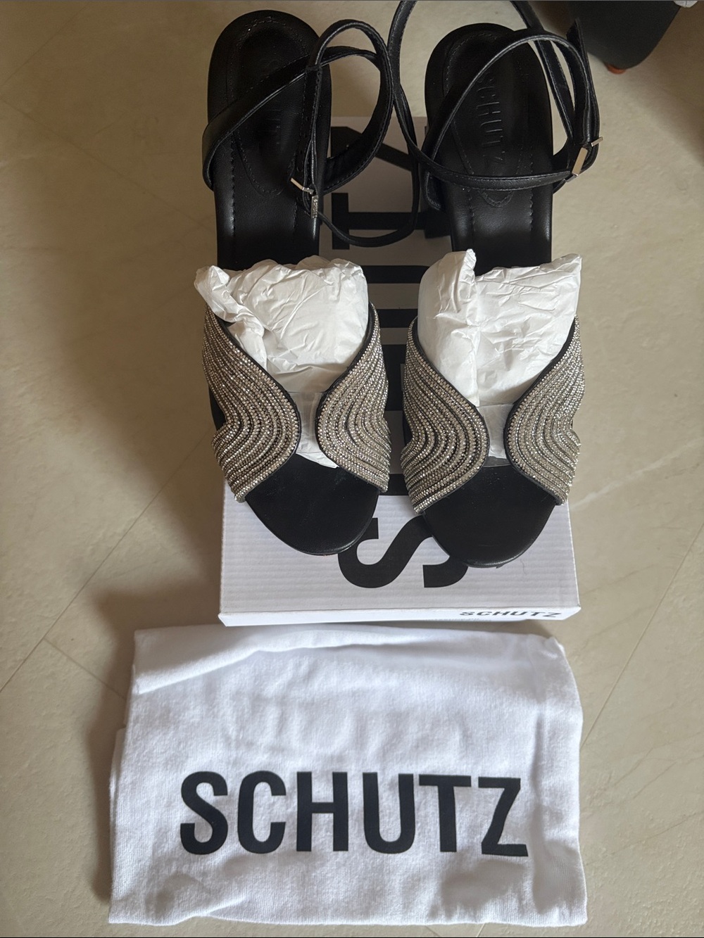 BRAND NEW! SCHUTZ Black Sandal Heels with Silver Beaded Detail